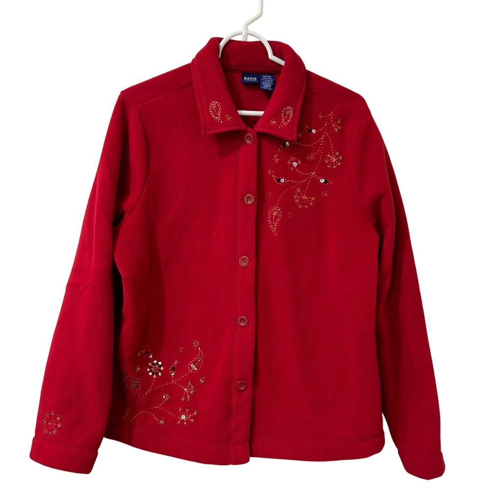 Basic Editions Womens Size Medium Red Fleece Button Down Shirt Jacket Y2K Beaded